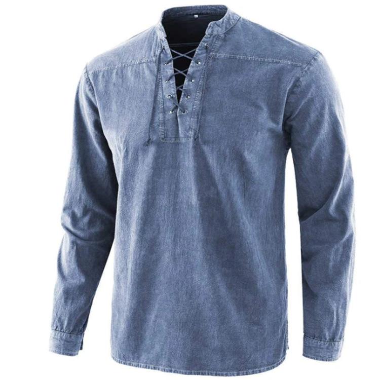 Nueva camisa holgada de cuello alto retro de color sólido
