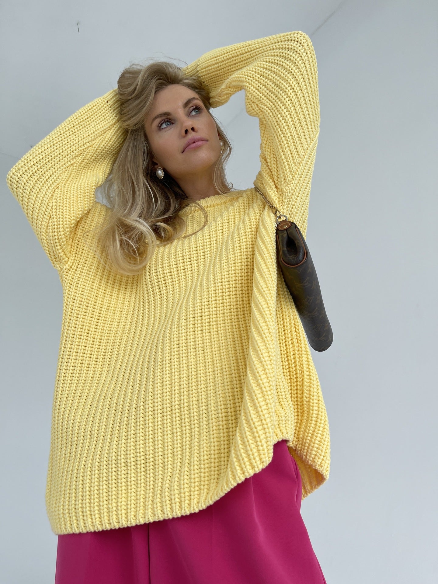 Suéter De Gran Tamaño Suelto Color Caramelo Suéter De Cuello Redondo Ropa De Mujer