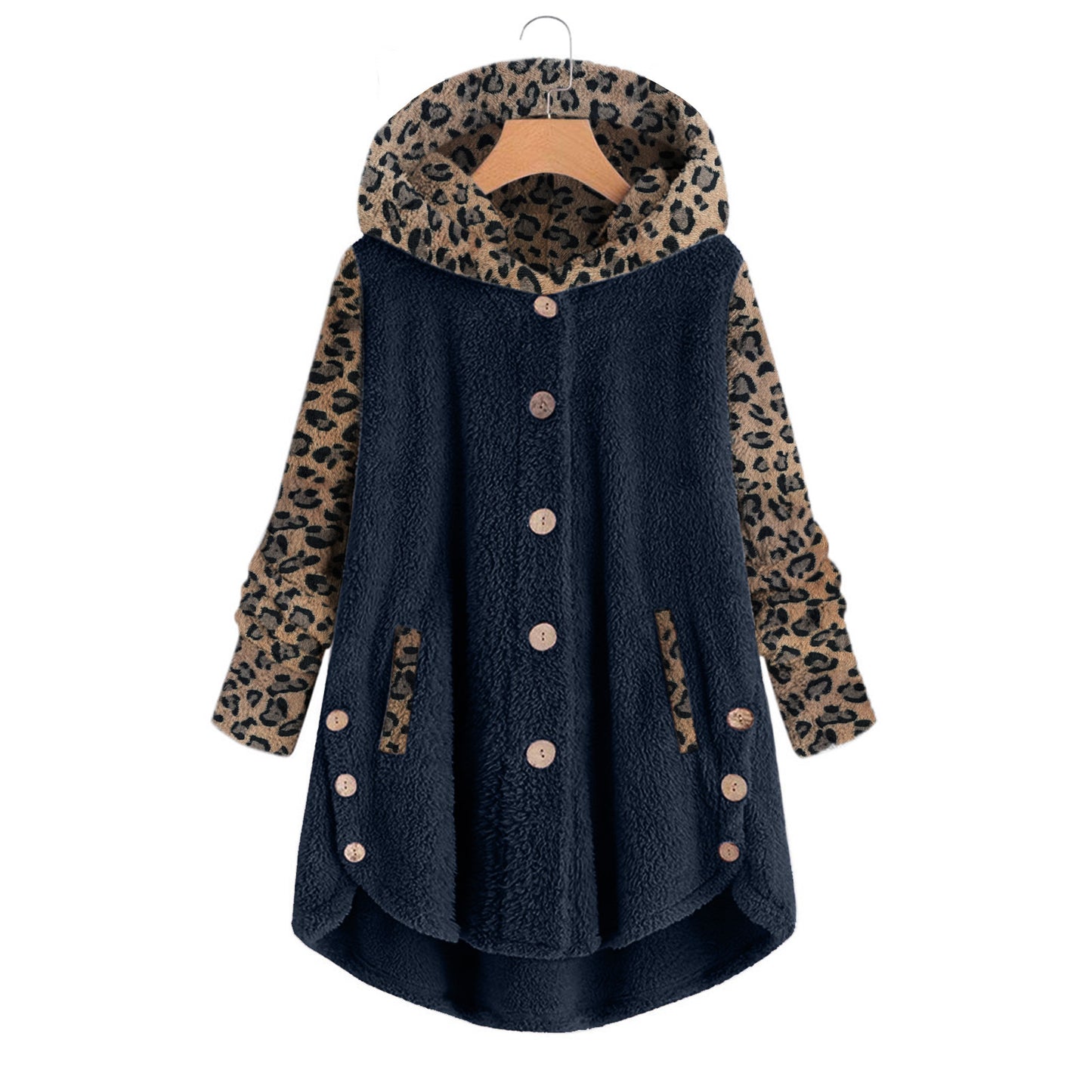 Chaqueta De Felpa De Manga Larga Con Capucha Y Costuras Con Estampado De Leopardo