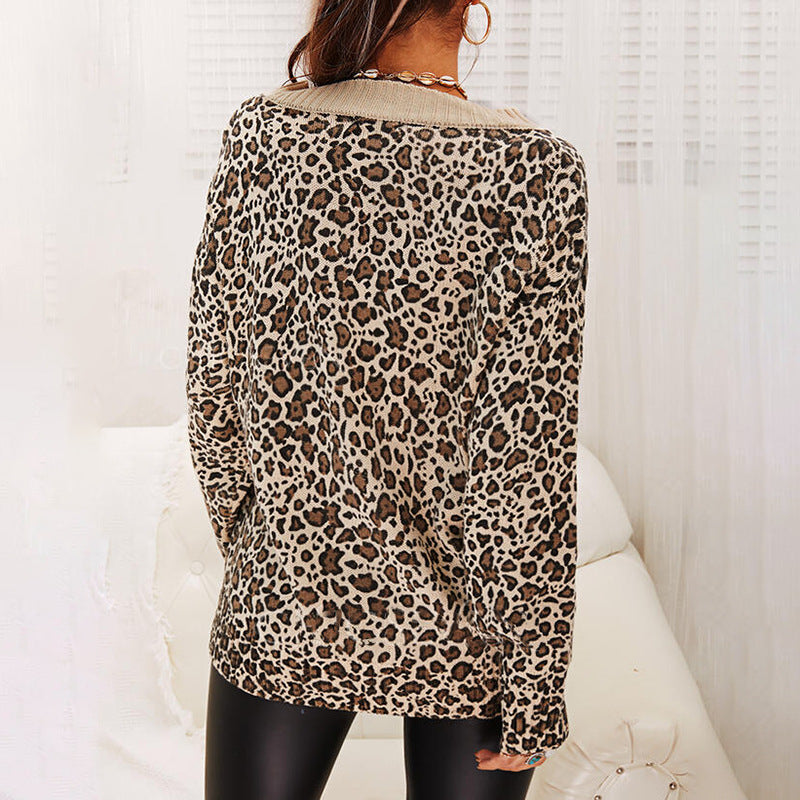 Suéter Casual Suelto Con Cuello En V Y Manga Larga Con Estampado De Leopardo Para Mujeres Europeas Y Americanas