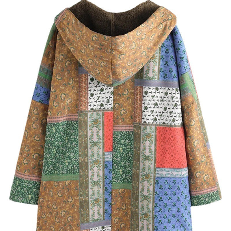 Chaqueta Acolchada De Estilo étnico Con Capucha Suelta Y Talla Grande Más Grueso De Terciopelo Para Mujer