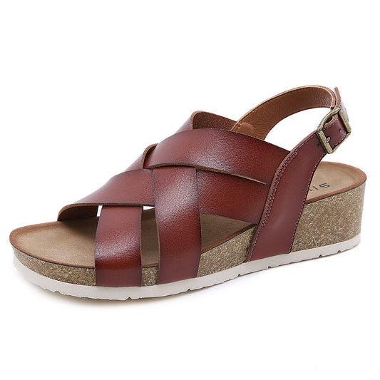Cómodas Sandalias Romanas De Microfibra Antideslizante Con Hebilla De Metal Y Suela Cortada En Madera