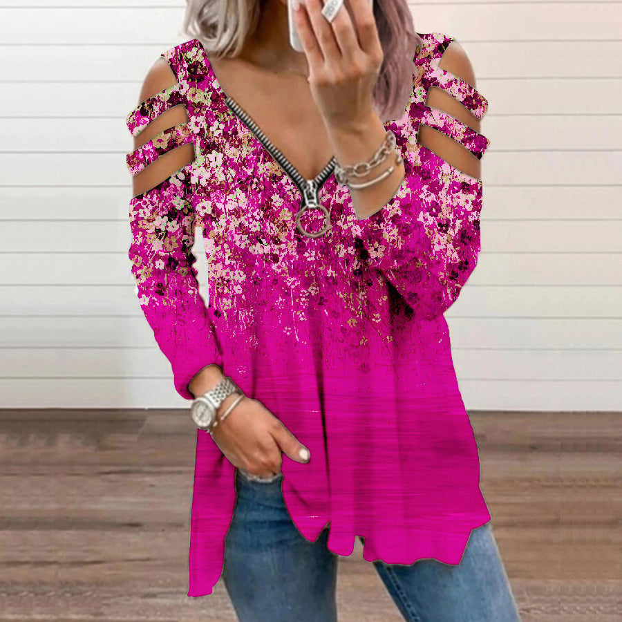 Camiseta De Manga Larga Con Cremallera Y Cuello En V Floral Pequeña Fuera Del Hombro