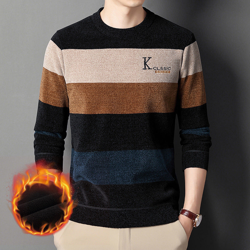 Chenilla Más Suéter De Terciopelo Suéter De Base A Juego De Color A Rayas Cálidas Para Hombres Invierno Más Engrosamiento De Terciopelo