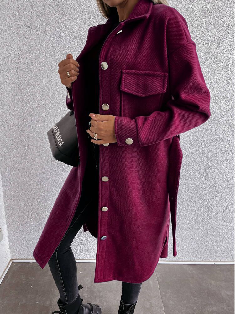 Nuevo Estilo Para Otoño E Invierno Abrigo Largo De Lana De Manga Larga Con Cordones De Color Puro