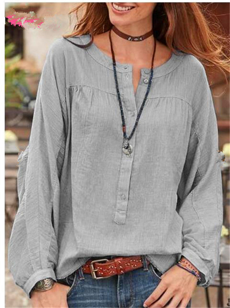 Blusa De Mujer Europea Y Americana, Color Sólido, Manga Larga, Tubo Abierto, Cuello Redondo, Camisa