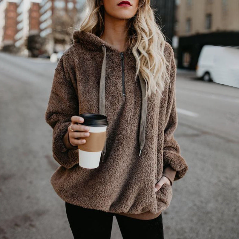 Chaqueta De Lana Con Capucha De Color Sólido Con Capucha Para Mujer