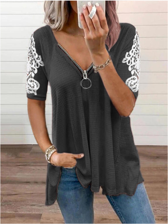 Camiseta Holgada Con Mangas De Encaje Y Encaje Con Cuello En V De Color Liso