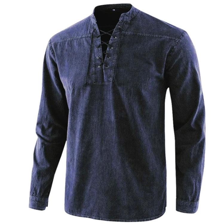 Nueva camisa holgada de cuello alto retro de color sólido