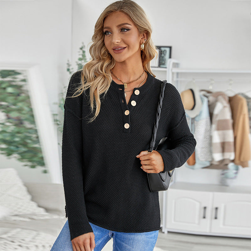 Suéter De Manga Larga De Color Liso Para Mujer, Con Cuello Abotonado, Camisa De Fondo