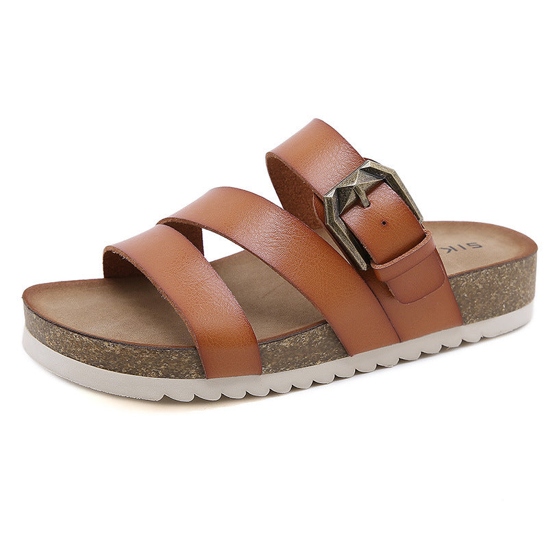 Sandalias Cómodas Antideslizantes Con Hebilla Metálica Y Suela De Madera
