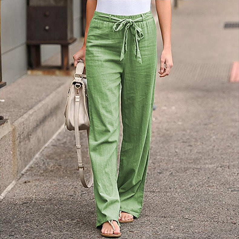 Pantalón De Pernera Ancha Con Cinturón De Algodón Y Lino