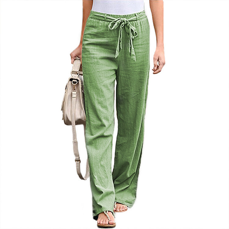 Pantalón De Pernera Ancha Con Cinturón De Algodón Y Lino