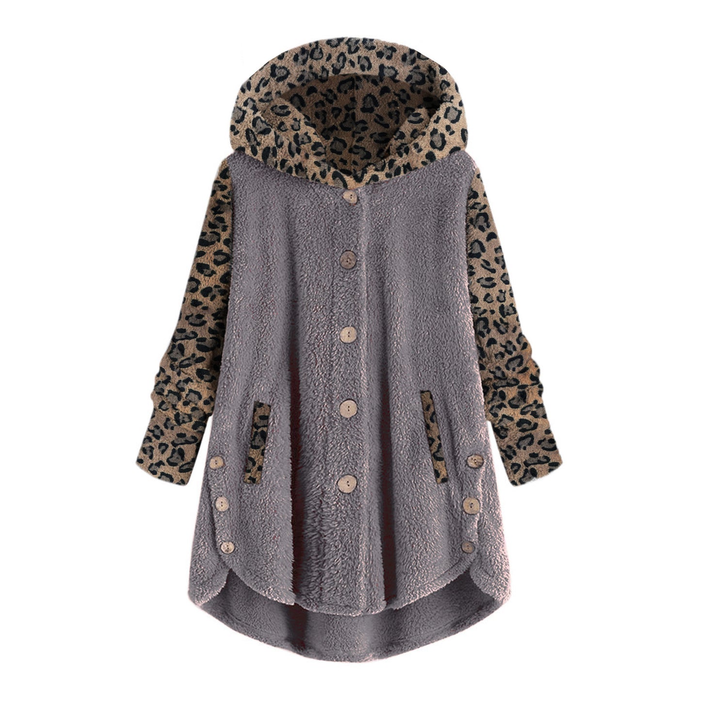 Chaqueta De Felpa De Manga Larga Con Capucha Y Costuras Con Estampado De Leopardo