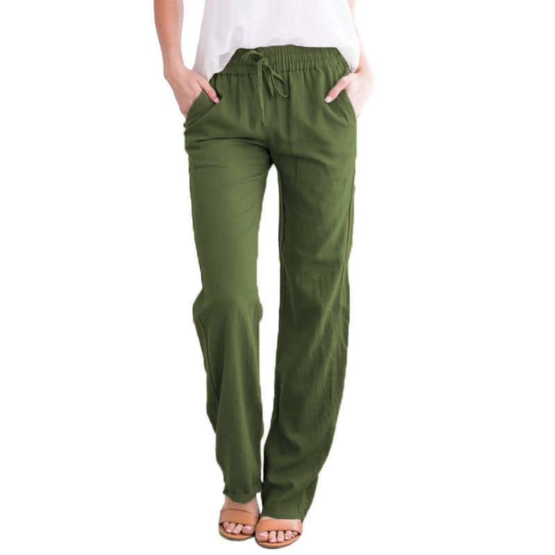 Pantalones Anchos Holgados De Algodón Y Lino Con Cordón