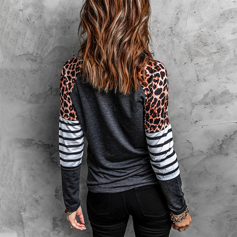 Camiseta Casual Ajustada De Manga Larga Con Cuello Redondo Y Costuras En Color Contrastante Mujer