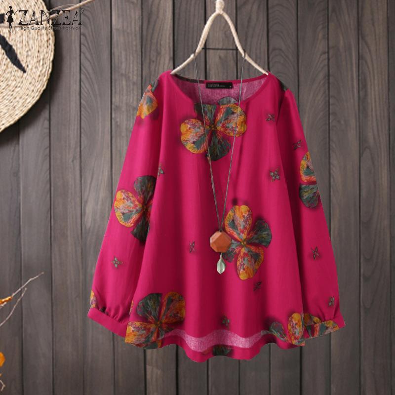 Camisa De Manga Larga Estampada Retro Holgada De Algodón Y Lino
