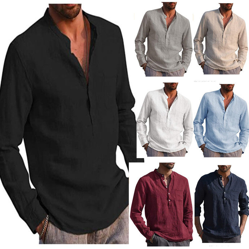 Camisa Casual De Lino De Playa Con Cuello De Pico