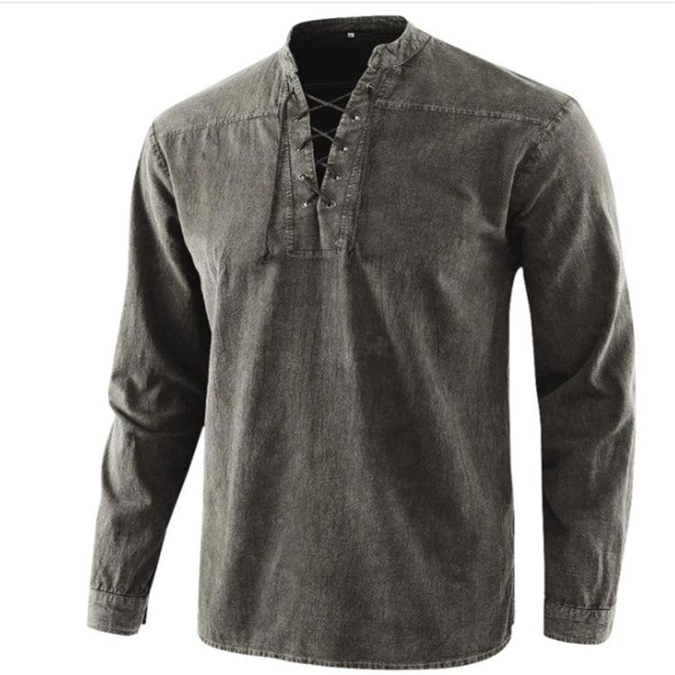 Nueva camisa holgada de cuello alto retro de color sólido