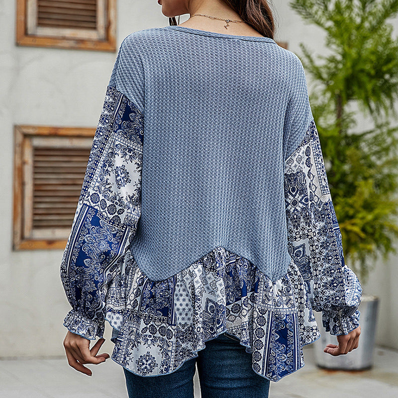Camiseta De Manga Larga Suelta Con Cuello Redondo Y Cuello Redondo Azul Para Mujer Tops Irregulares Para Mujer