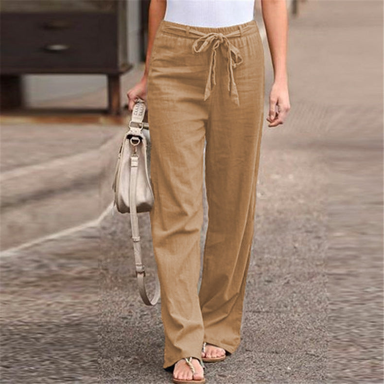 Pantalón De Pernera Ancha Con Cinturón De Algodón Y Lino