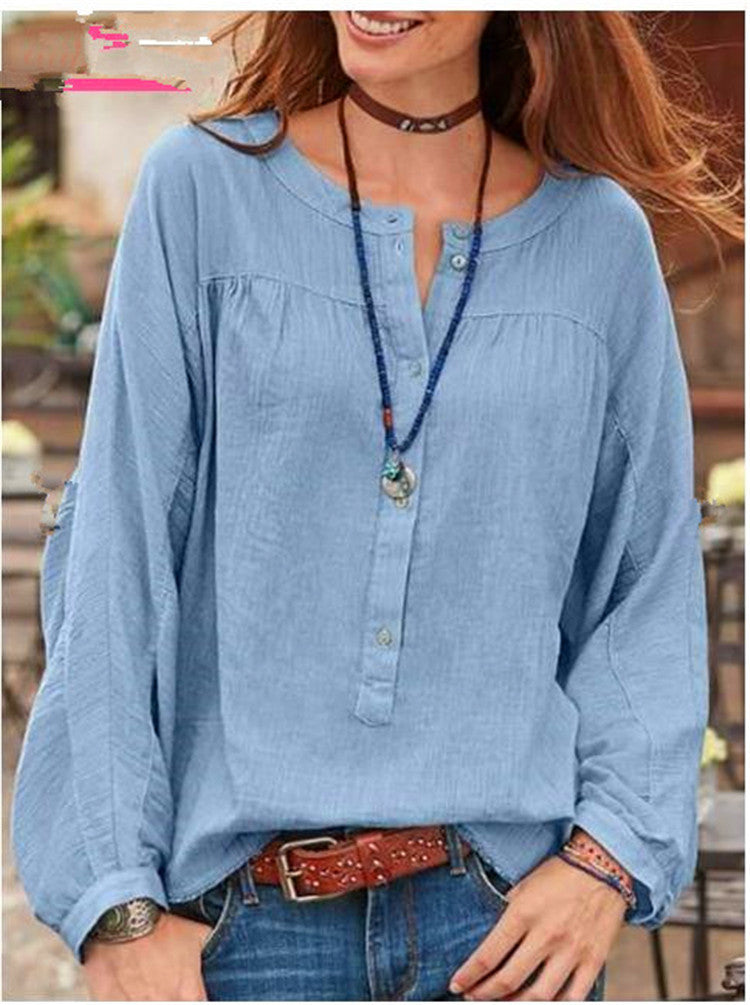 Blusa De Mujer Europea Y Americana, Color Sólido, Manga Larga, Tubo Abierto, Cuello Redondo, Camisa