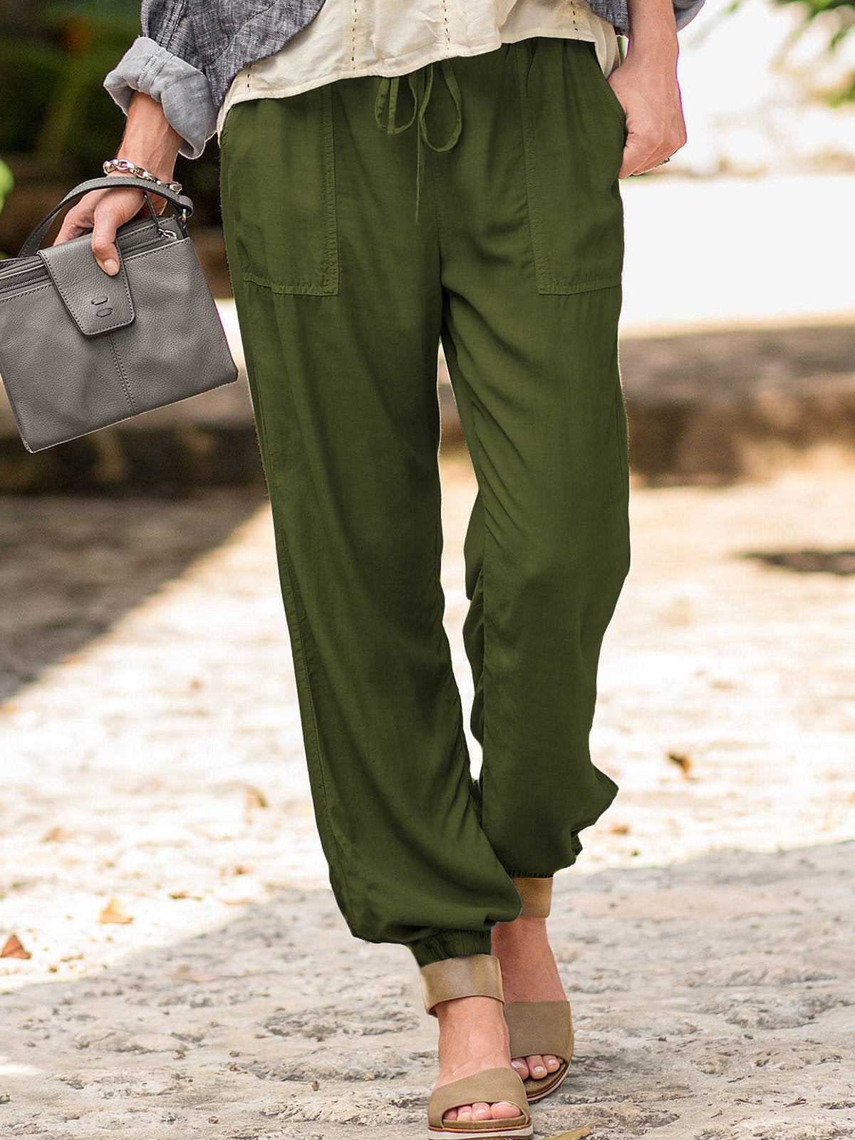 Pantalones De Bolsillo Elásticos Con Cordón De Color Liso
