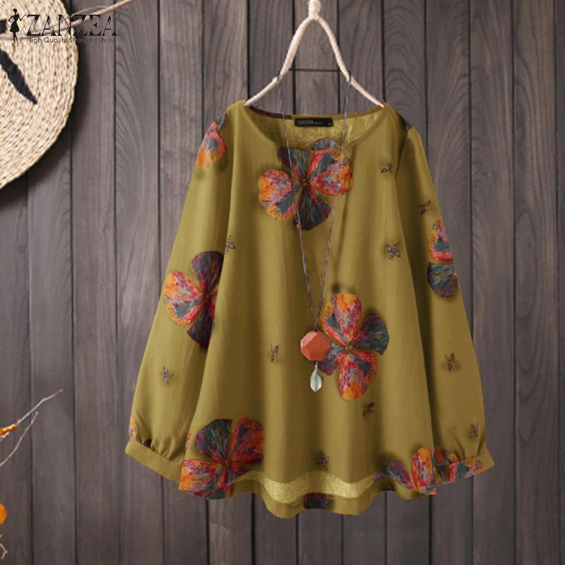 Camisa De Manga Larga Estampada Retro Holgada De Algodón Y Lino