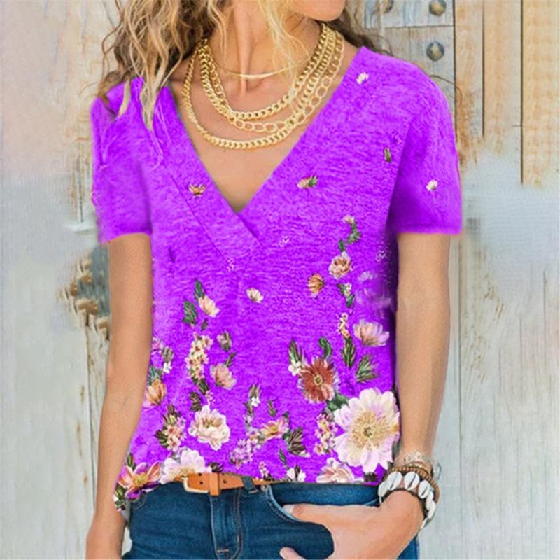Camiseta de manga corta con cuello en V y estampado de jersey