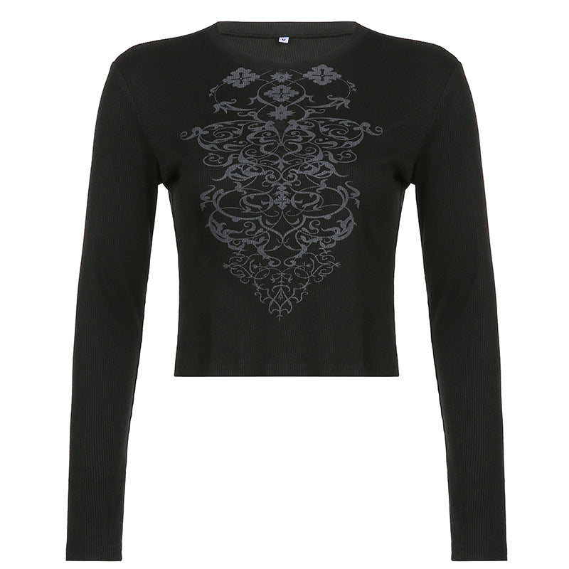 Camiseta Slim De Manga Larga Estampada Con Cuello Redondo