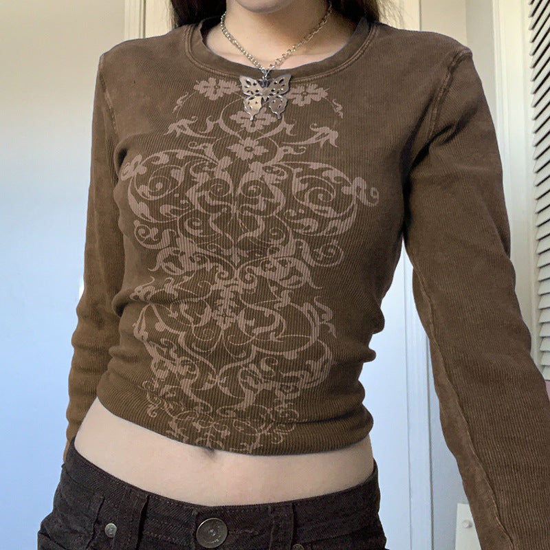 Camiseta Slim De Manga Larga Estampada Con Cuello Redondo