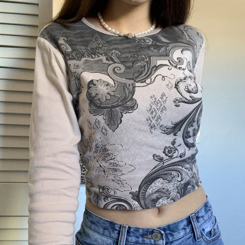 Camiseta Corta De Ombligo Fino Con Cuello Redondo Y Estampado Retro
