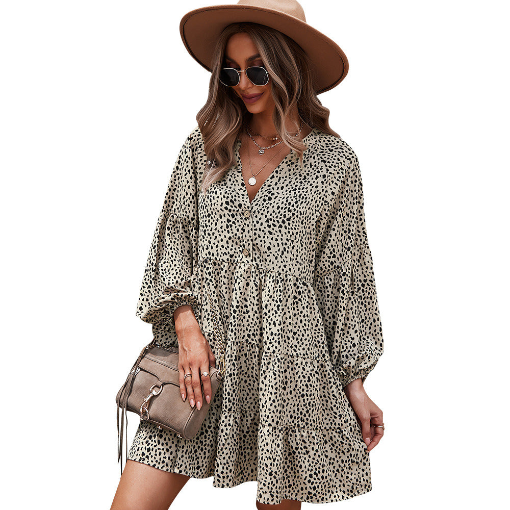 Vestido Con Estampado De Leopardo De Mujer De Moda De Manga Larga De Otoño E Invierno