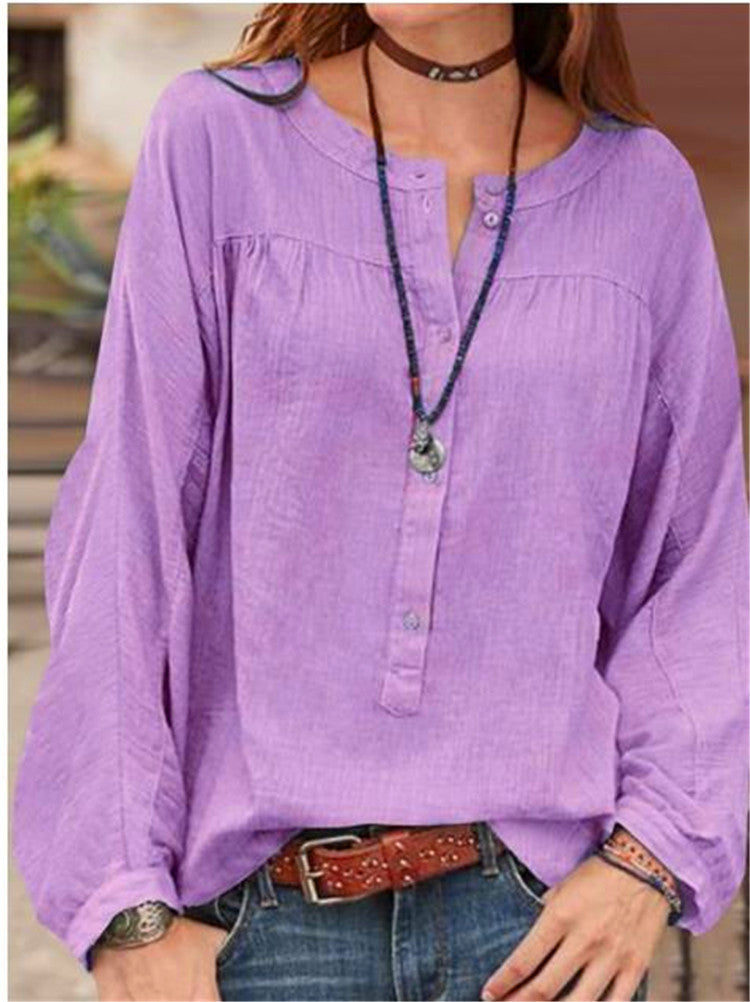 Blusa De Mujer Europea Y Americana, Color Sólido, Manga Larga, Tubo Abierto, Cuello Redondo, Camisa