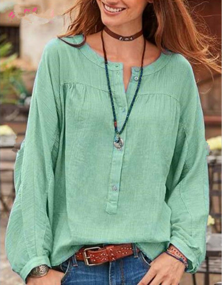 Blusa De Mujer Europea Y Americana, Color Sólido, Manga Larga, Tubo Abierto, Cuello Redondo, Camisa