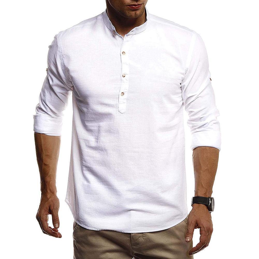 Camisa de algodón y lino de manga larga con cuello alto - MXbueno