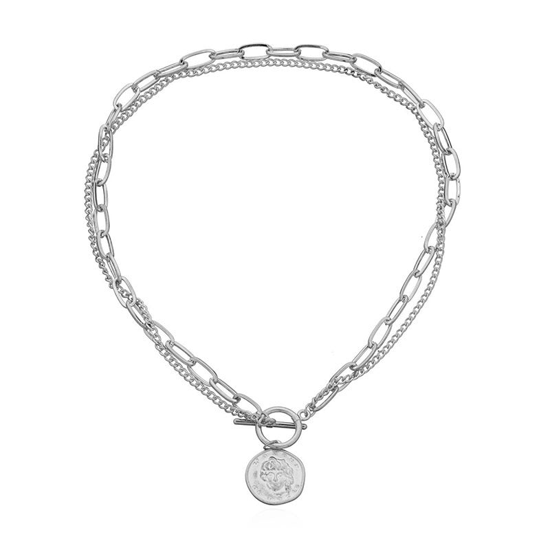 Collar Con Colgante De Cabeza De Marca Redonda Irregular De Moda Collar De Cadena Doble Simple Para Mujer
