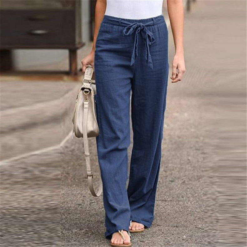 Pantalón De Pernera Ancha Con Cinturón De Algodón Y Lino
