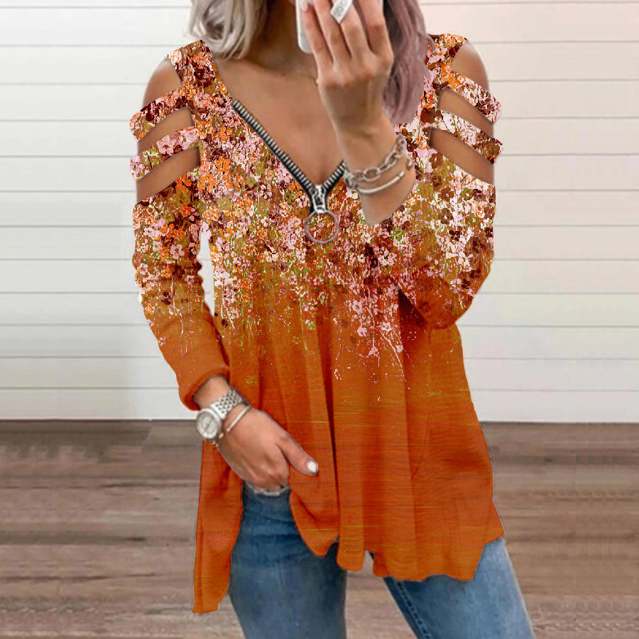 Camiseta De Manga Larga Con Cremallera Y Cuello En V Floral Pequeña Fuera Del Hombro