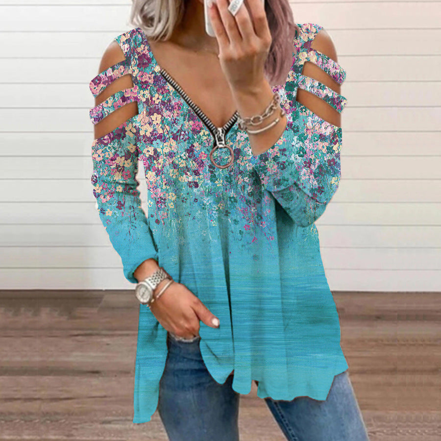 Camiseta De Manga Larga Con Cremallera Y Cuello En V Floral Pequeña Fuera Del Hombro