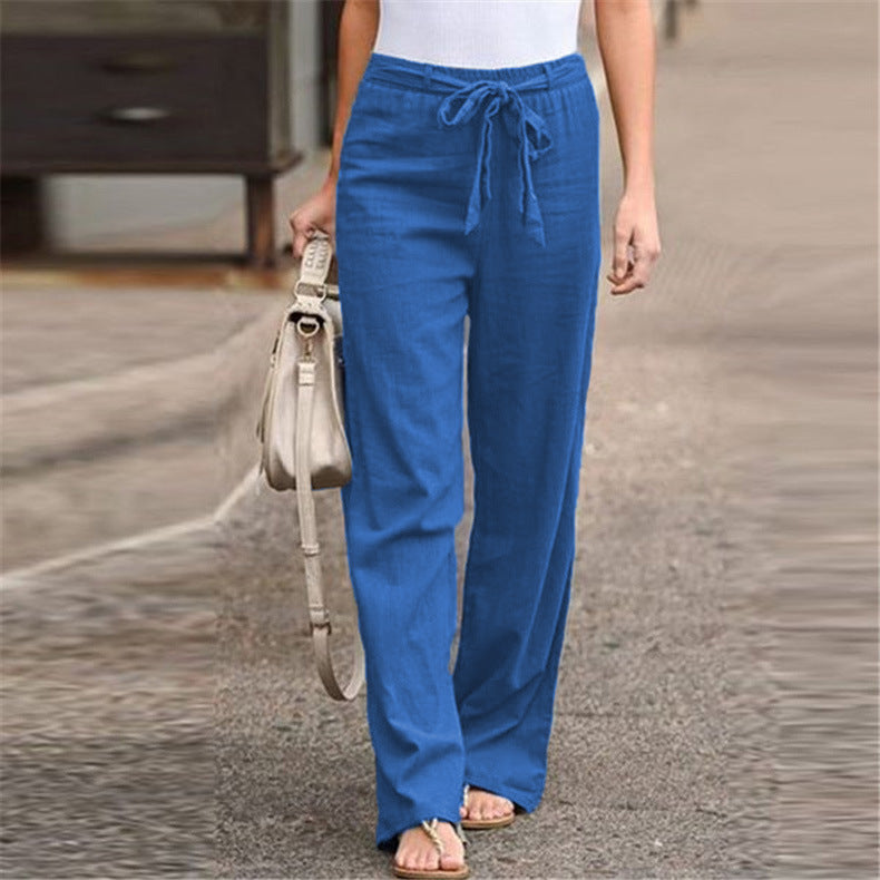 Pantalón De Pernera Ancha Con Cinturón De Algodón Y Lino