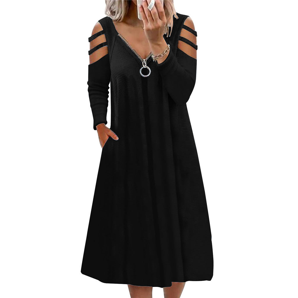 Vestido De Manga Larga De Color Sólido Con Cuello En V Y Cremallera