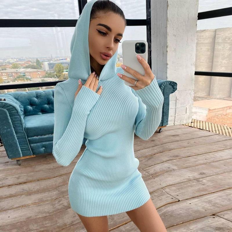 Vestido De Cadera De Bolso Delgado De Manga Larga Con Capucha De Punto Para Mujer