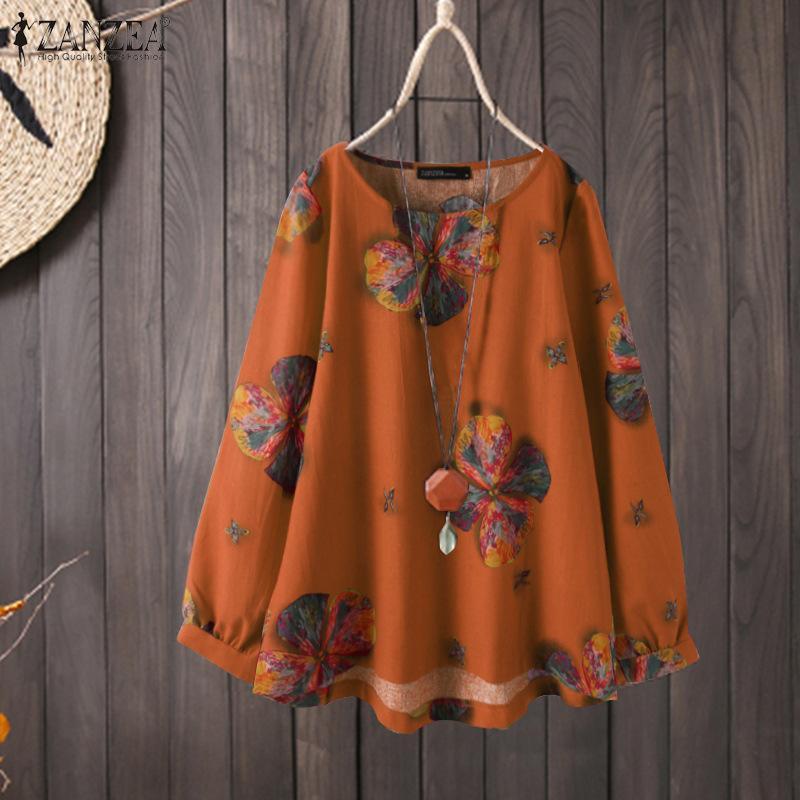 Camisa De Manga Larga Estampada Retro Holgada De Algodón Y Lino