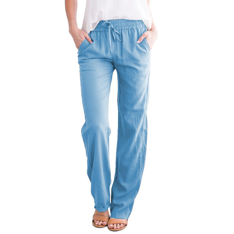 Pantalones Anchos Holgados De Algodón Y Lino Con Cordón