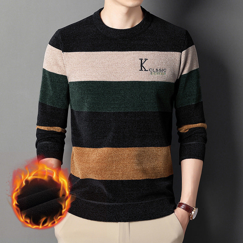Chenilla Más Suéter De Terciopelo Suéter De Base A Juego De Color A Rayas Cálidas Para Hombres Invierno Más Engrosamiento De Terciopelo