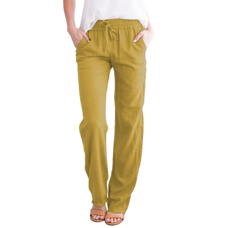 Pantalones Anchos Holgados De Algodón Y Lino Con Cordón