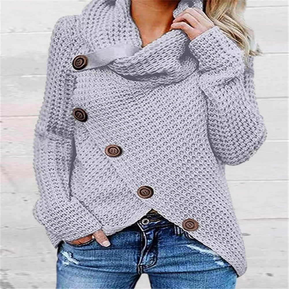 Suéter De Mujer De Color Sólido Con Cuello Alto De Cinco Botones