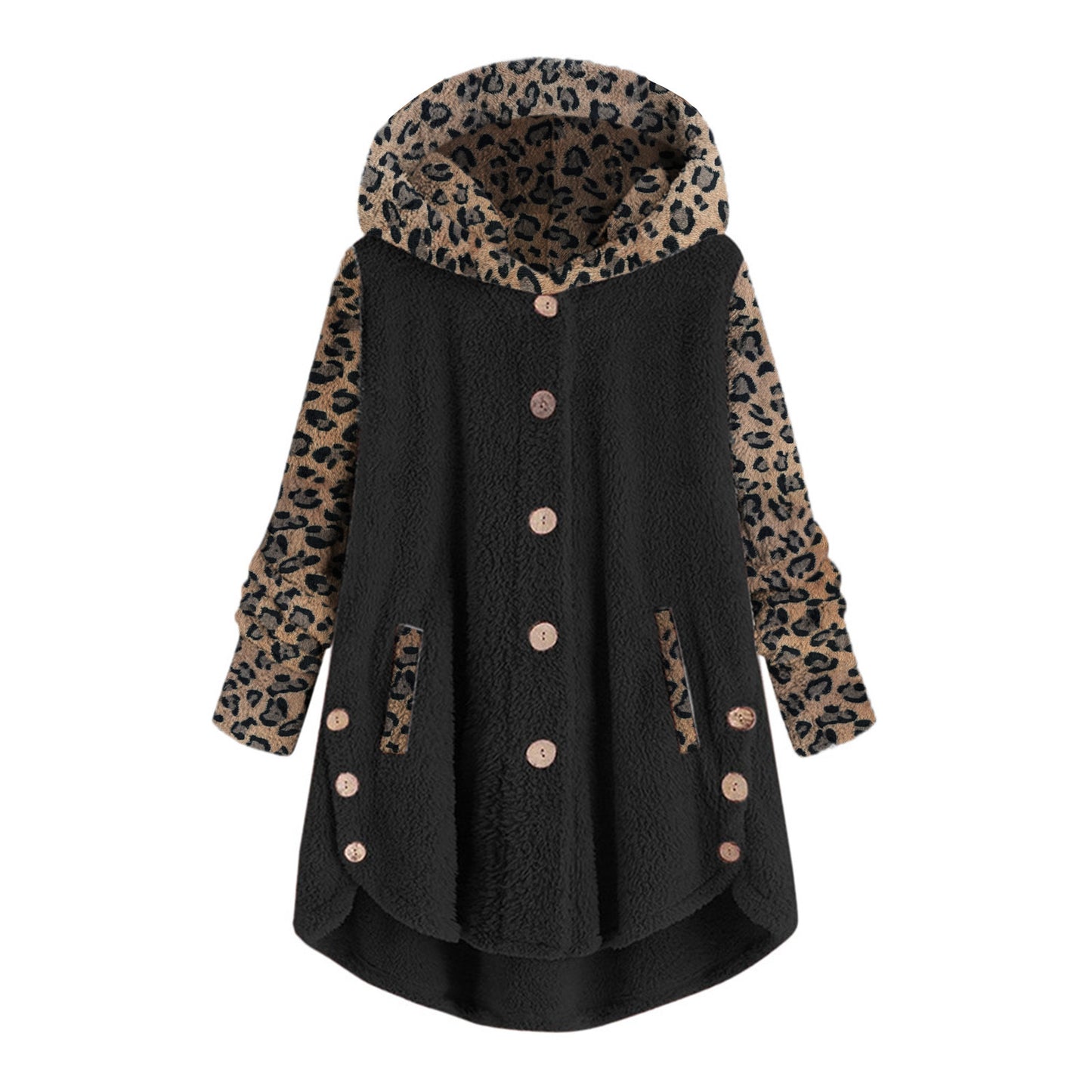 Chaqueta De Felpa De Manga Larga Con Capucha Y Costuras Con Estampado De Leopardo