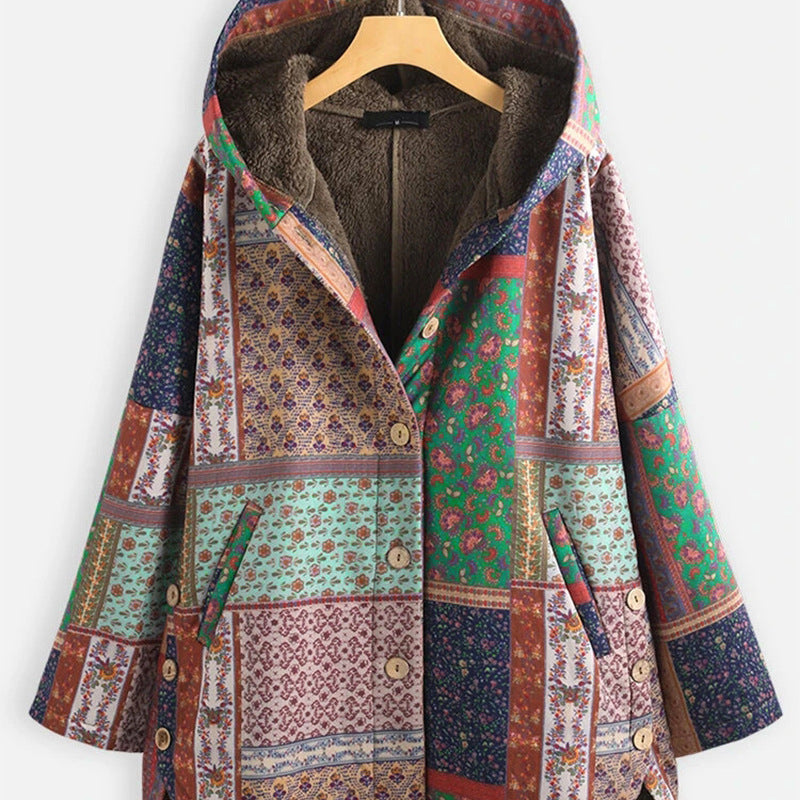 Chaqueta Acolchada De Estilo étnico Con Capucha Suelta Y Talla Grande Más Grueso De Terciopelo Para Mujer